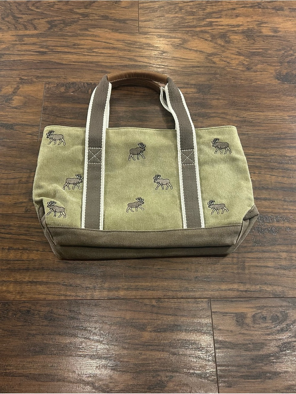 VINTAGE L.L.Bean Canvas Boat & Tote Moose Tan Brown Leather Trim Small Purse Bag - Picture 2 of 14